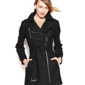 MICHAEL Michael Kors Black Trench Coat with Gold Accents